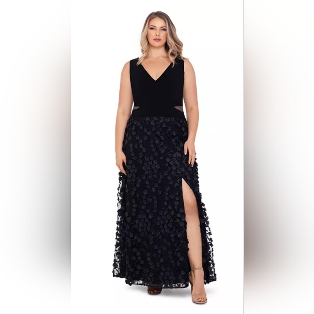 NWT Xscape Plus Size V-neck 3D Flower Skirt Gown: Black: 20W